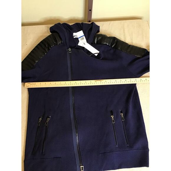 Calvin Klein Moto hoodie Full zip Sweater Faux Leather Shoulder Sz. XL Blue NWT - Picture 4 of 10